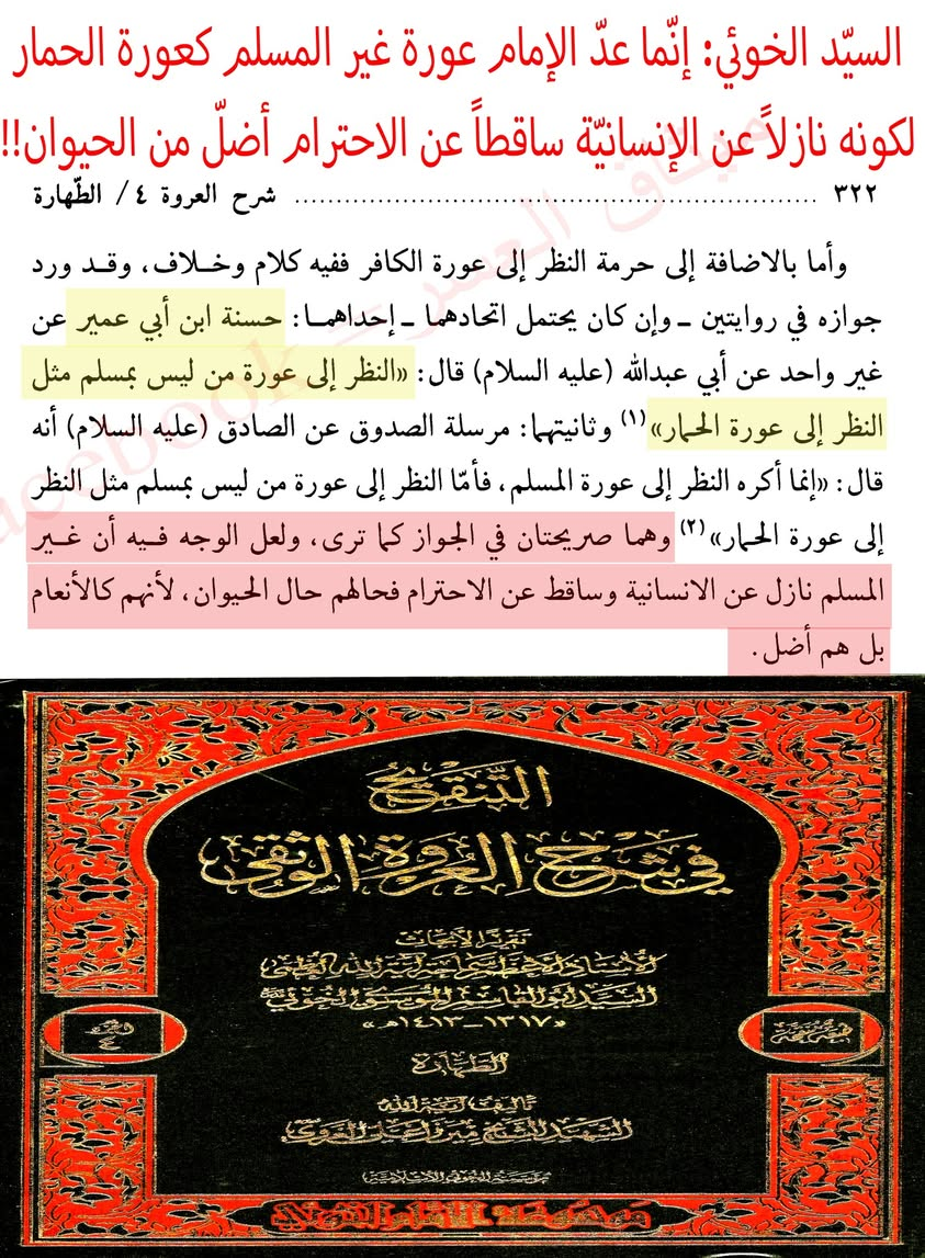 السيّد الخوئي: النّظر إلى عورة غير المسلم كالنّظر إلى عورة الحمار!!